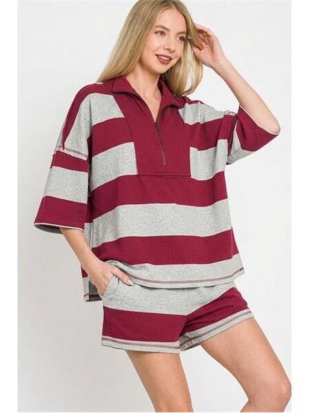 Zenana FrenchTerry Striped Half-Zip Lounge Set in Burgundy/Cabernet & Light Grey